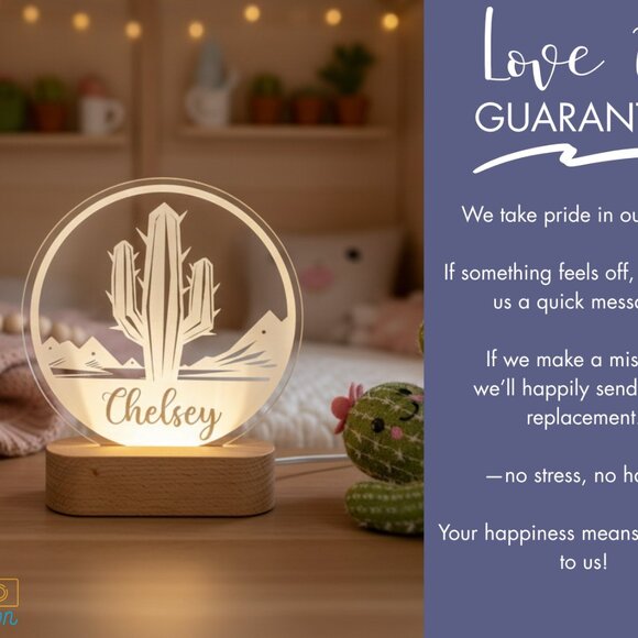 Personalized Cactus Night Light – Custom LED Lamp Kids Room Decor - Picture 6 of 8